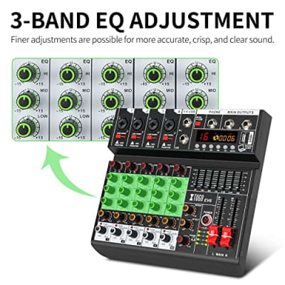 XTUGA EV6 Professional 6 Channel Audio Mixer with 16 DSP Effects,7-band EQ,Independent 48V Phantom PowerBluetooth Function,USB Interface Recording for Studio/DJ Stage/Party/Home Recording image 6