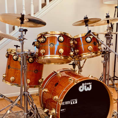 DW 25TH anniversary Anniversary Amber Lacquer Over Flame Maple 5 Piece w/snare W/MAY mic system image 1