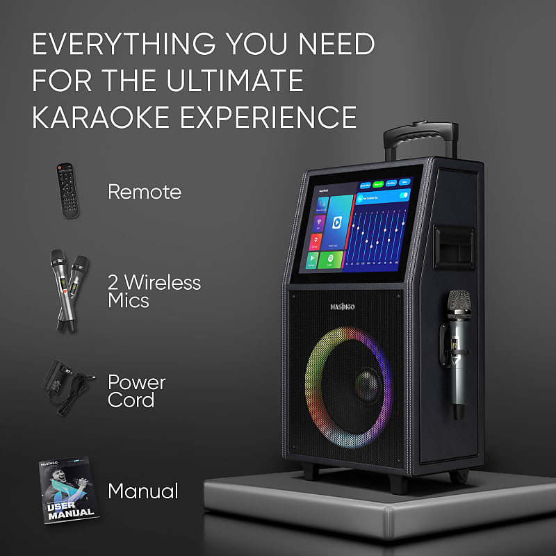KaraoKing Karaoke Machine - Portable PA System with Wireless Mics,  Subwoofer, Lights, Phone/Tablet Holder, Remote - For Adults & Kids
