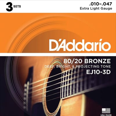 D'Addario EJ10-3D Bronze Extra Light Acoustic Guitar Strings, 10-47 (3)