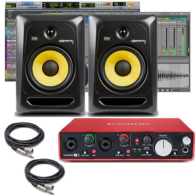 KRK Rokit 8 Monitors Black Pair Focusrite 2i4 Recording Interface Cables