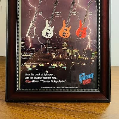 Original|1987 Gibson Guitars Color Promotional Ad Thunder Pickup 20/20, IV , V, and Q80 Bass |Framed for sale
