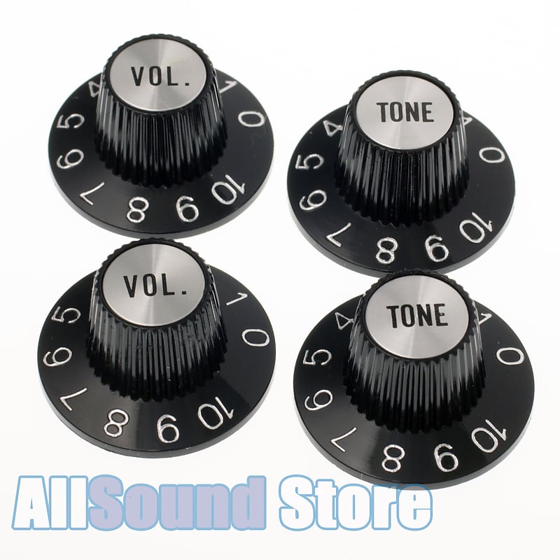 4 BLACK Witch Hat KNOBS w/ SILVER Reflectors for Epiphone® Reverb