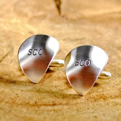 Sterling silver personalized guitar pick cuff links with initials monograms or to customize - Silver Bild 1
