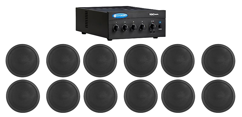Crown 70v Amplifier+12) Black 5&quot; Commercial Ceiling Speakers 4 Restaurant/Office  			