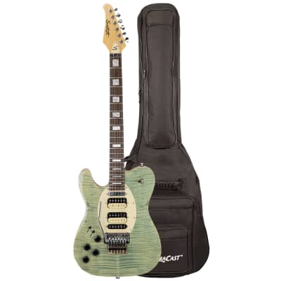 Sawtooth ET Hybrid Left-Handed Electric Guitar with Floyd Rose, Flame Maple Grass Stained Blue Jean, with ChromaCast Gig Bag for sale