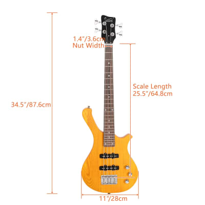 New Glarry GW101 36in Kid's Electric Bass Guitar Yellow image 6