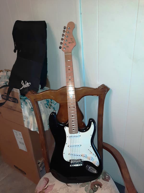 INDY CUSTOM Black with White pickguard strat style guitar, natural blond wooden neck early 2000's image 1