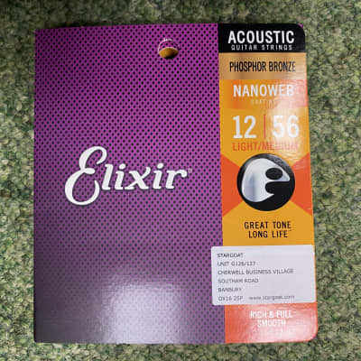 Elixir 16077 Nanoweb coated 12-56 phosphor bronze acoustic guitar strings image 1