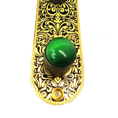 Brio Metal Engraved Tele Control Plate Gold on Black -Black Knobs Green Gem image 2