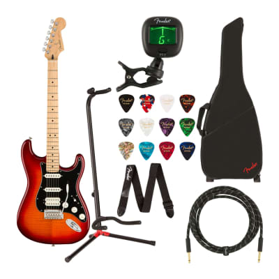 Fender Player Stratocaster HSS Plus Top Electric Guitar (Right-Handed, Aged Cherry Burst) Value Bundle with Gig Bag, Cable, Strap, Stand, Tuner, Strings, Learning Book, Picks, and Card (10 Items) for sale
