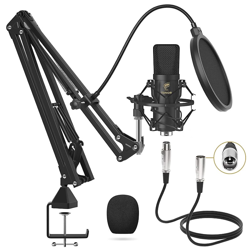 XLR Condenser Microphone, Studio Mic Kit with Boom Arm Stand, Shock Mount,  Pop F