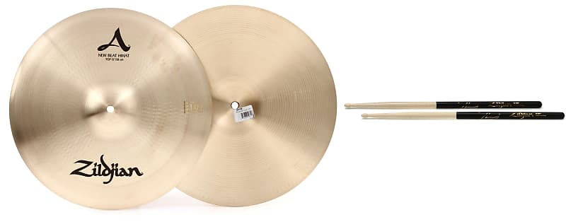 Zildjian 15 inch A Zildjian New Beat Hi-hat Cymbals  Bundle with Zildjian Hickory Dip Series Drumsticks - 5A - Wood Tip - Black image 1
