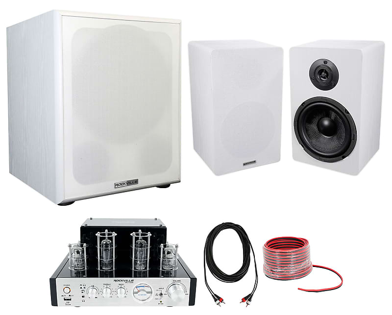 Rockville BluTube Amplifier Home Receiver+6.5" White Bookshelf Speakers+12" Sub image 1