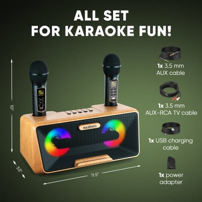 MASINGO Karaoke Machine for Adults and Kids with 2 UHF Wireless Microphones, Portable Bluetooth Singing Speaker, Colorful LED Lights, PA System, Lyrics Display Holder & TV Cable - Presto G2 Wood image 9
