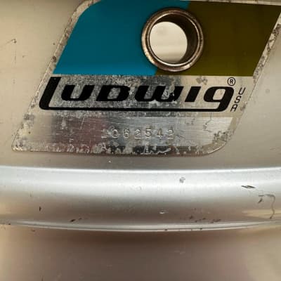 Ludwig No. 404 Acrolite 5x14" 8-Lug Aluminum Snare Drum with Pointed Blue/Olive Badge 1969 - 1979 - Matte Aluminum image 4