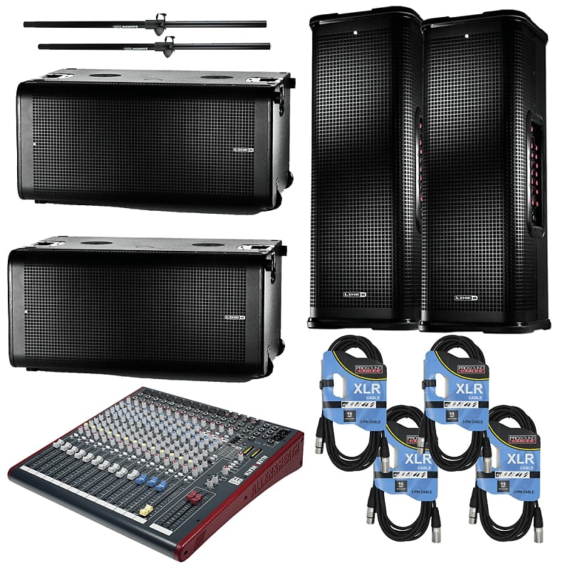 Line 6 StageSource L3t 1400W 3-way Smart Speaker System Pair + Line 6 StageSource L3s Powered Subwoofer (PAIR) + Allen & Heath ZED-16FX 16-Channel Recording and Live Sound Mixer with FX & USB + Cables and Poles. image 1