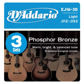 3-Pack D'Addario EJ16 Phosphor Bronze Acoustic Guitar Strings, Light Gauge 12-53