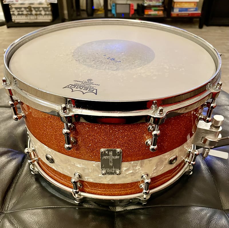 Truth Custom Drums 14x8 Maple snare Drum - Orange glass glitter/ Marine  Pearl