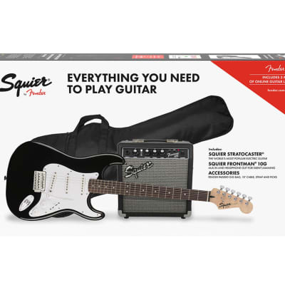 Squier Stratocaster Pack, Black Guitar with Frontman 10G Amplifier image 1