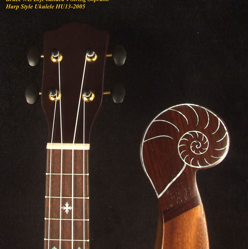 Bruce Wei Harp Style Left-handed Solid Acacia 4 String Soprano Ukulele, MOP Inlay HU13-2005 image 1