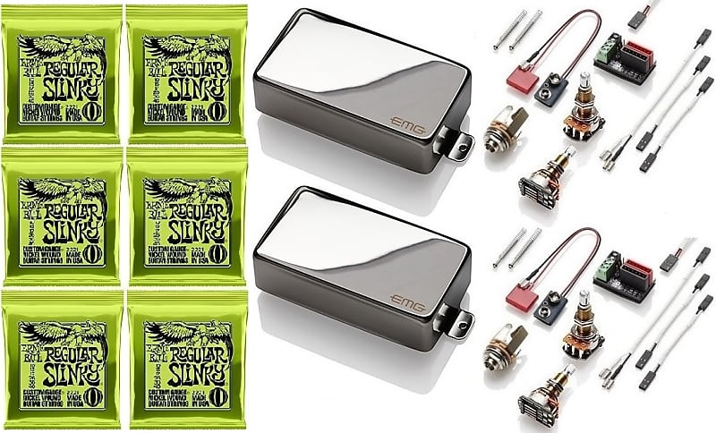 EMG 81 + 60 CHROME ACTIVE HUMBUCKER GUITAR PICKUP SET LONG SHAFT POTS ( 6  ERNIE BALL #2221 )