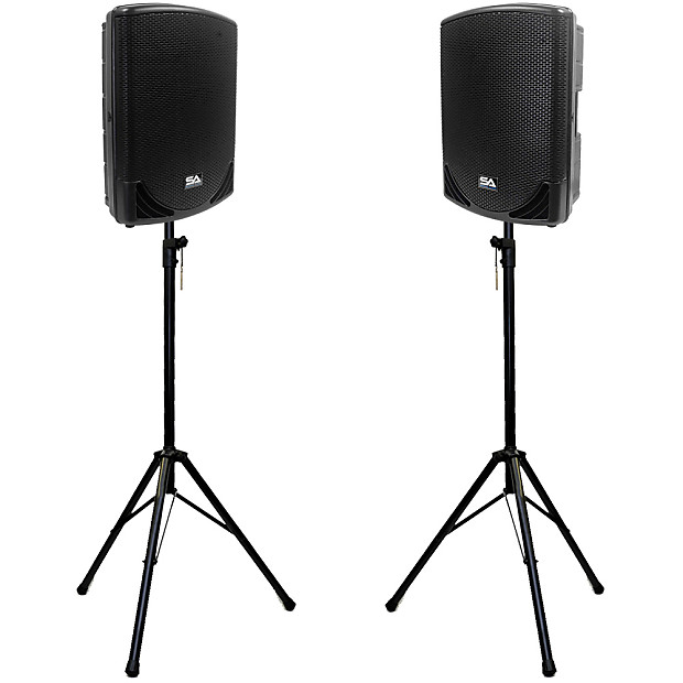 Seismic Audio MainShock-15PAIR-PKG1 Active 1x15" 2-Way 600w Powered Speakers (Pair) w/ Tripod Stands image 1