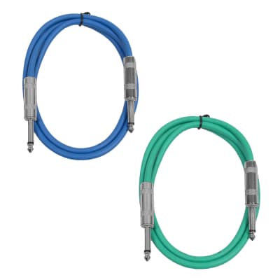 2 Pack of 2 Foot 1/4" TS Patch Cables 2' Extension Cords Jumper - Blue & Green image 1