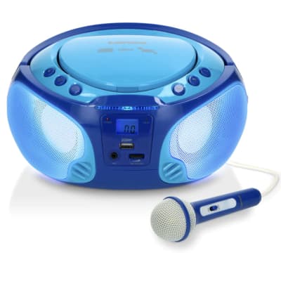 Lenco SCD-650 Kids Portable USB MP3, - CD, with Disco and FM Party Reverb Playback, Radio, Poland | Boombox Microphone Stereo Blue, Wired Karaoke Lights