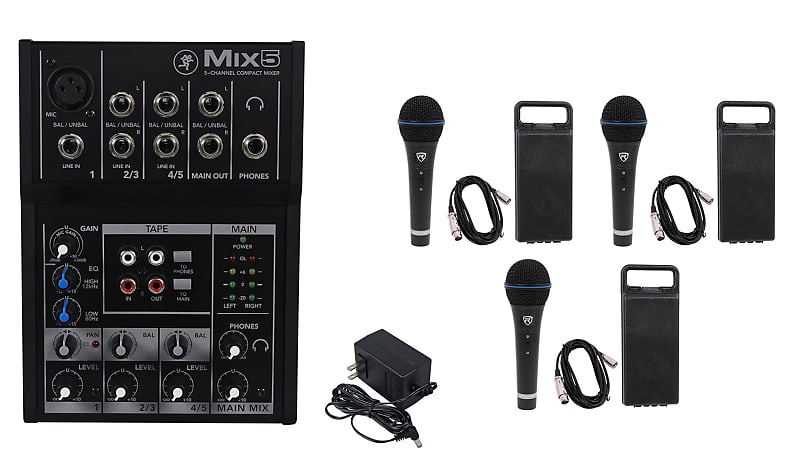 Mackie Mix5 Compact 5-Channel PA Mixer+(3) Microphones+(3) XLR Cables image 1