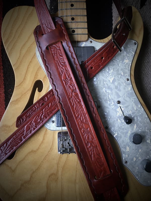 Vintage Style Leather Guitar Strap Western Style   - Tobacco Brown image 1