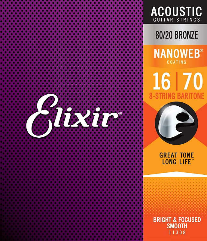Elixir 80/20 Bronze Acoustic 8-String Baritone Guitar Strings NANOWEB .016-.070 image 1