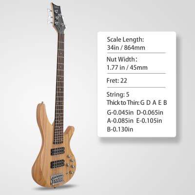 Glarry 44 Inch GIB 5 String H-H Pickup Laurel Wood Fingerboard Electric Bass Guitar with Bag and other Accessories 2020s - Burlywood image 8