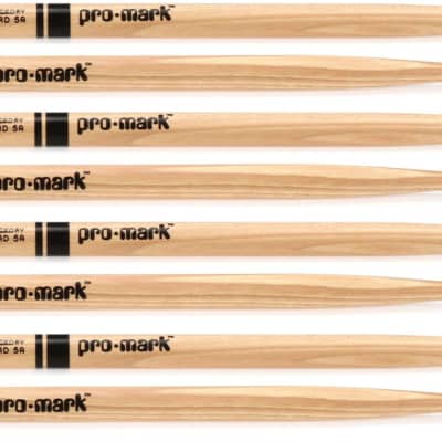 Promark Hickory Drumsticks - 5A - Wood Tip - 4-pack  Bundle with RTOM Moongel Drum Damper Pads - Blue (6-pack) image 1