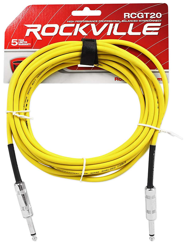 Rockville RCGT20Y 20&#039; 1/4&#039;&#039; TS to 1/4&#039;&#039; TS Guitar/Unbalanced Signal Cable-Yellow  			