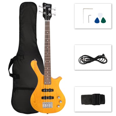 Glarry GW101 36in Small Scale Electric Bass Guitar Suit With Mahogany Body SS Pickups, Guitar Bag, Strap, Cable Transparent Yellow image 15