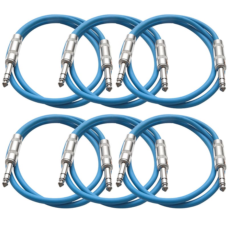 SEISMIC AUDIO New 6 PACK Blue 1/4" TRS 2' Patch Cables image 1