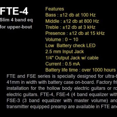 ARTEC FTE-4 Slim Acoustic Guitar 4 Band Equalizer EQ Preamp, PP-617 Piezo Pickup image 3