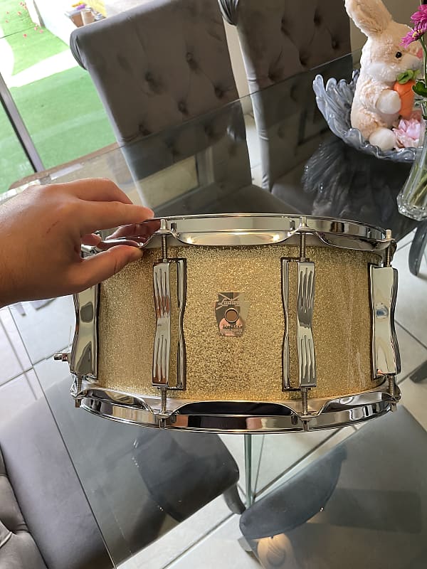 90s Ludwig 6.5 Classic maple snare drum Gold sparkle image 1