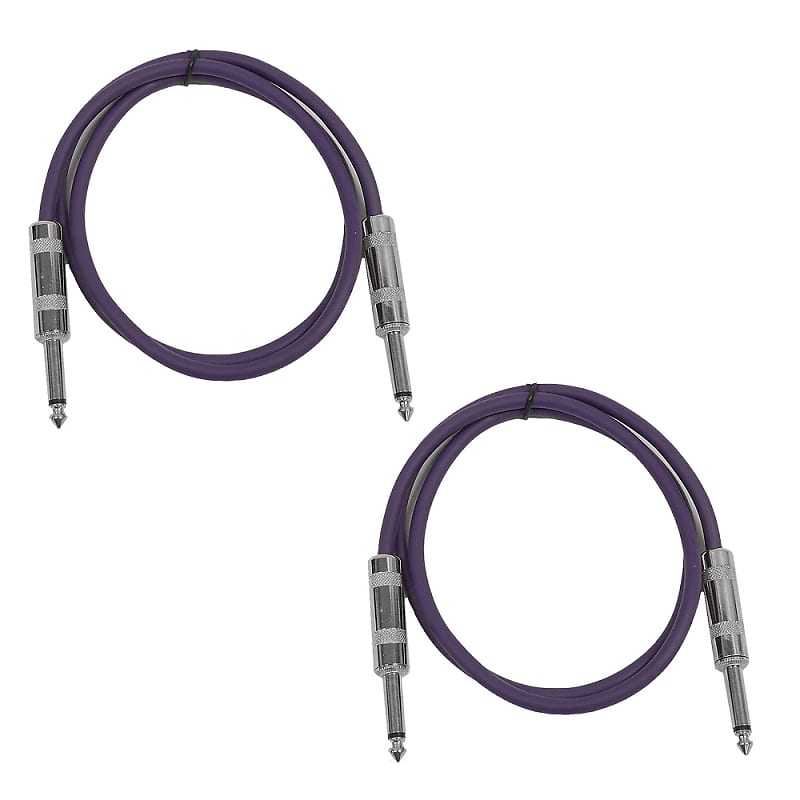 2 Pack of 3 Foot 1/4" TS Patch Cables 3' Extension Cords Jumper - Purple & Purple image 1