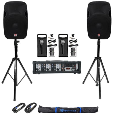 (2) Rockville SPGN158 15" 3200w DJ PA Speakers+5-Ch. Powered Mixer+Mics+Stands image 1