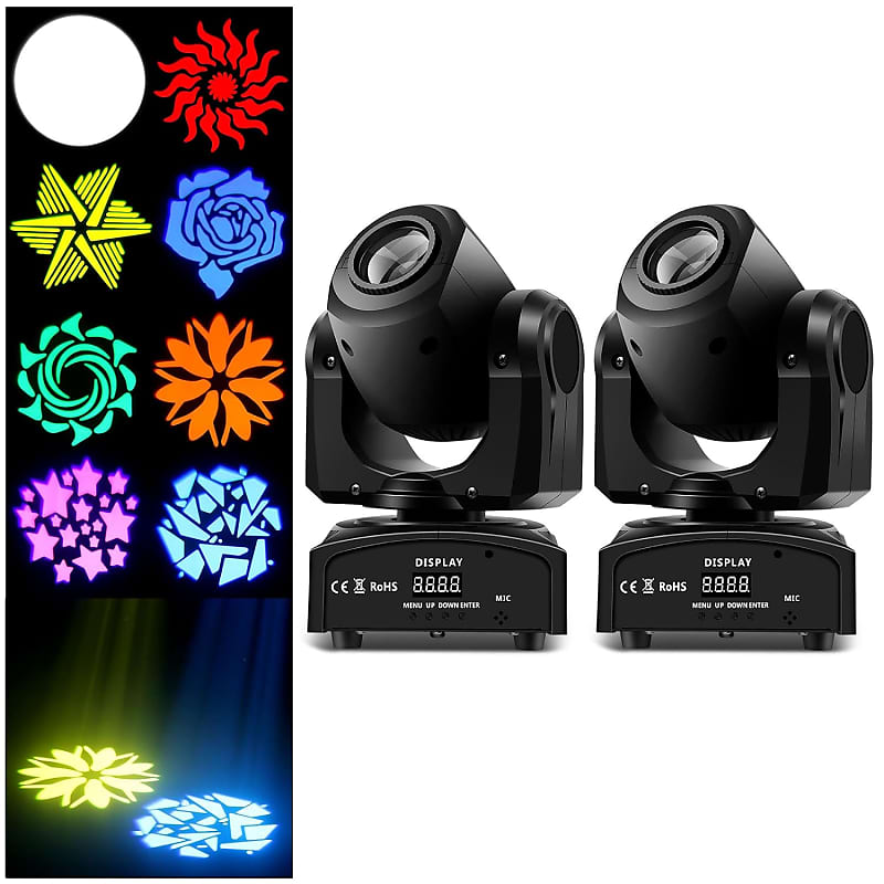 Moving Head Lights 60W 2 Pack, Rgbw 4 In1 Stage Lighting 8 Gobos 8