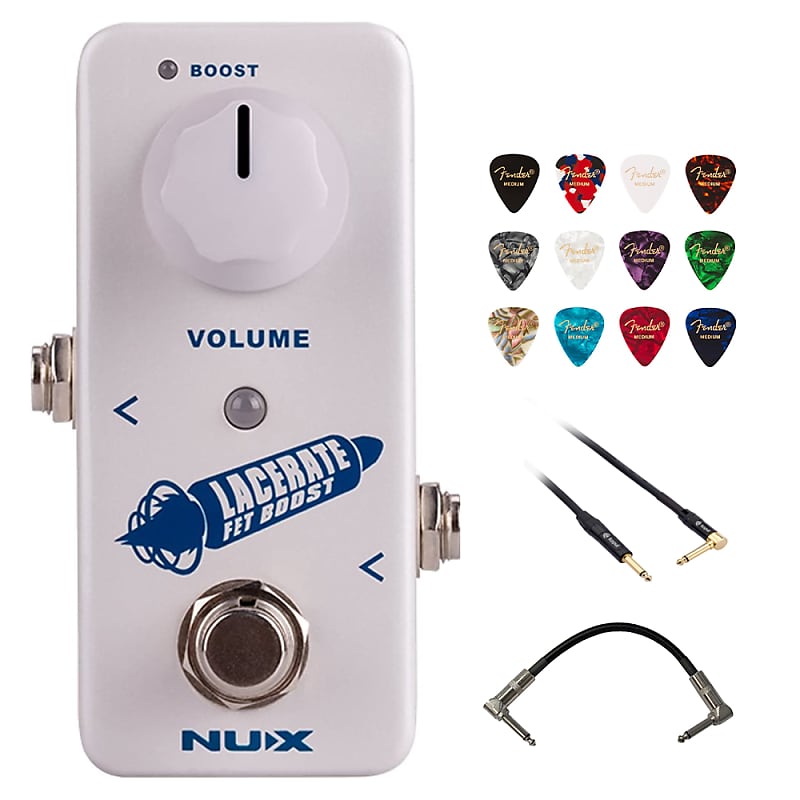 NUX Lacerate Mini Booster Guitar Boost Pedal Bundle with Kopul 10'  Instrument Cable