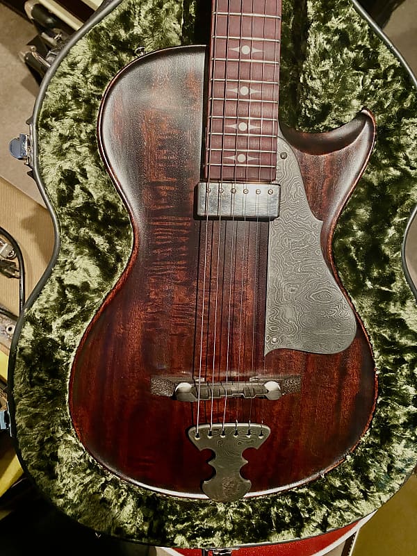 Scott Walker Katana Guitar!  As~New Elegant and simple solid body one piece old growth Curly Mahogany~Oiled, Damascus Steel Tailpiece and Pickguard, Johnny Smith pickup, Calton HSC, COA and more! image 1