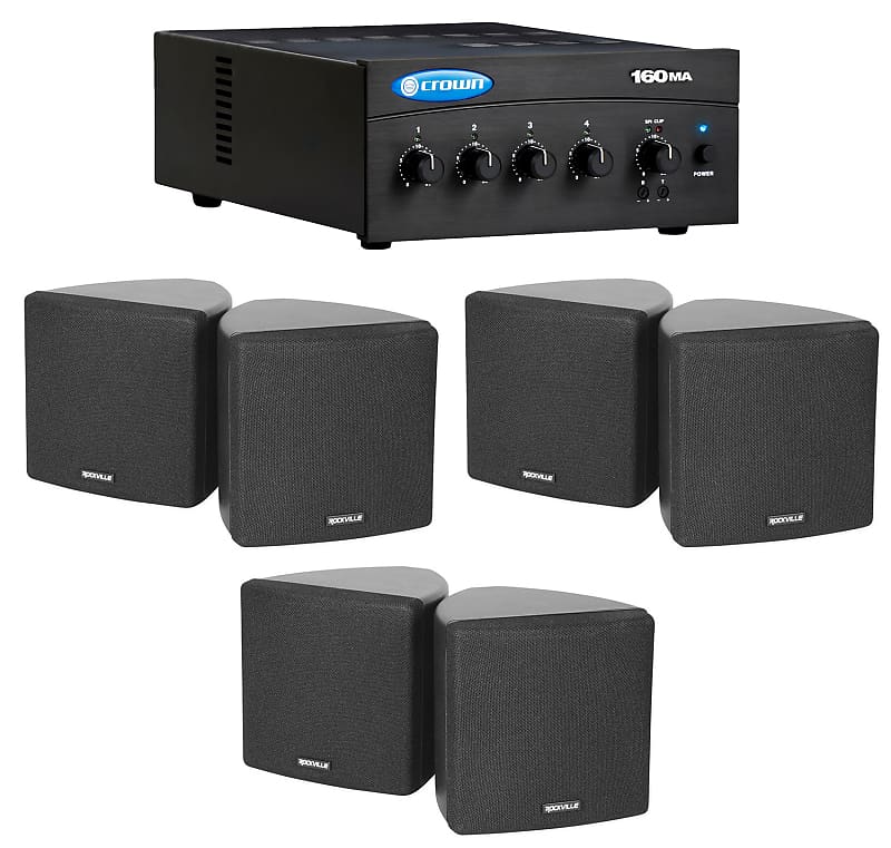 Crown Commercial Amplifier+(6) 3.5&quot; Black Cube Speakers for Restaurant/Bar/Cafe  			