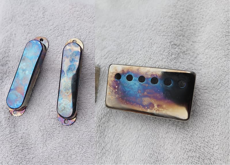 Custom Made Burnt Chrome Pickup Covers HSS configuration with Reverb