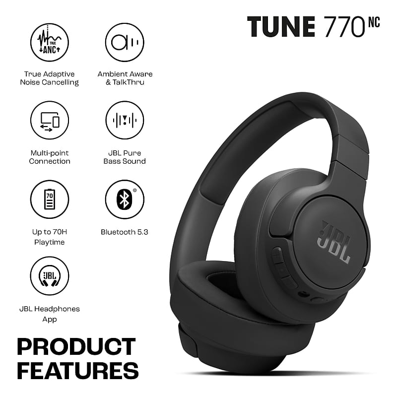 JBL Tune 770NC Adaptive Headphones, hours with Wireless Life, Reverb Cancelling, | 70 and in Battery Black Over-Ear Bluetooth Noise