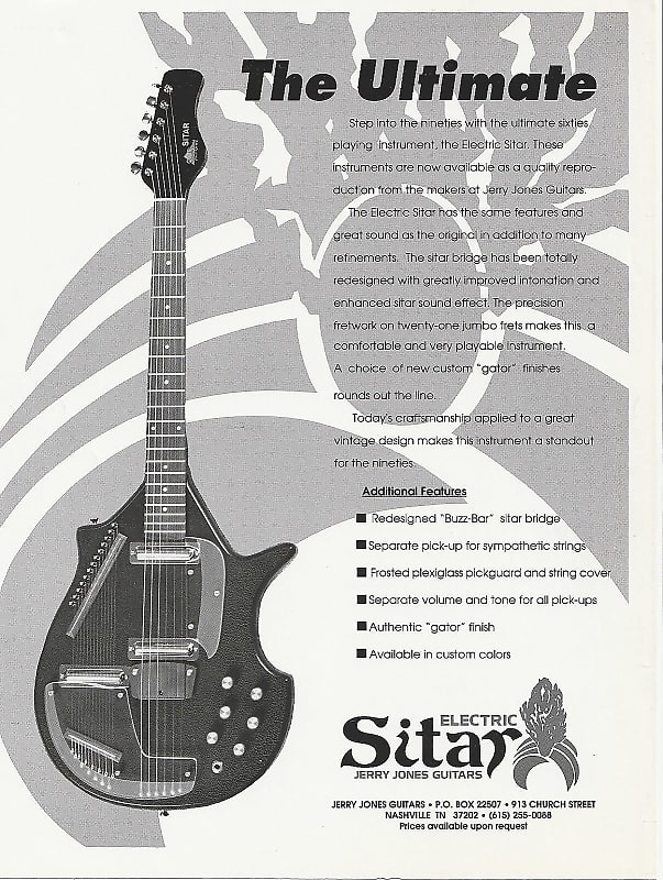 Jerry Jones Electric Sitar, cut sheet, 1993 Reverb