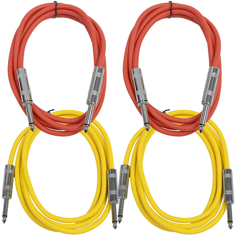4 Pack of 6 Foot 1/4" TS Patch Cables 6' Extension Cords Jumper - Red & Yellow image 1