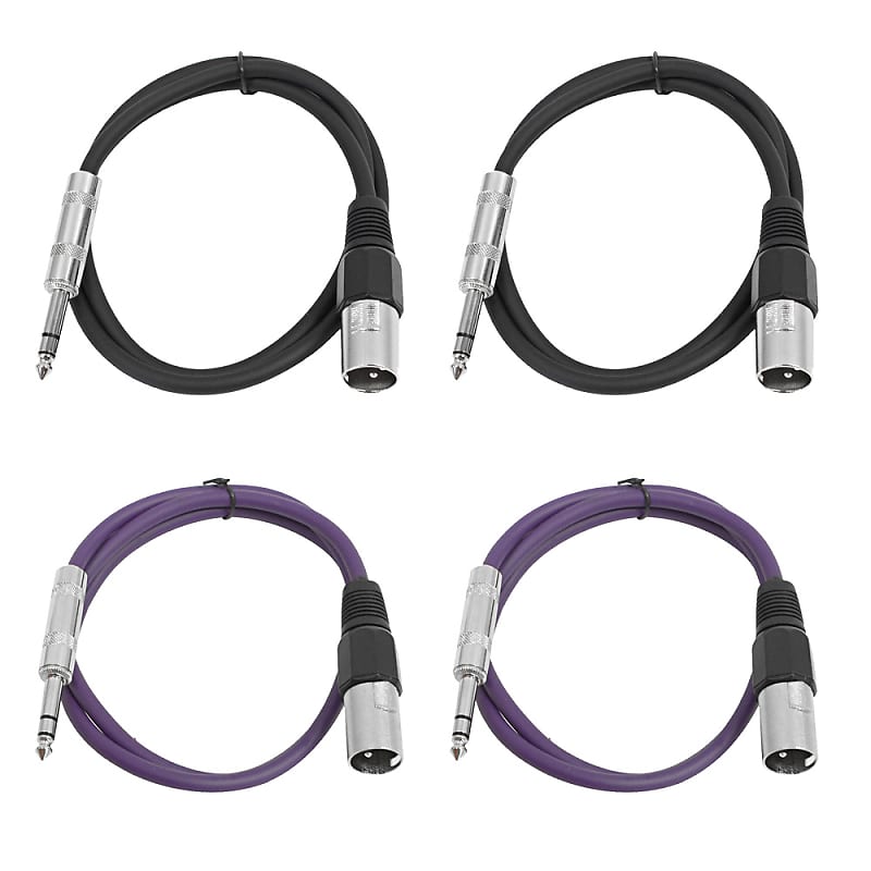4 Pack of 1/4 Inch to XLR Male Patch Cables 2 Foot Extension Cords Jumper - Black and Purple image 1